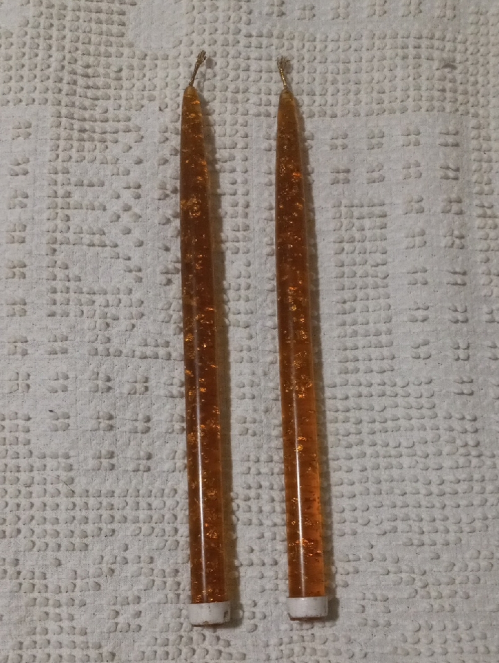Pair of Vintage Amber Lucite Gold Flakes Glitter Taper Candles